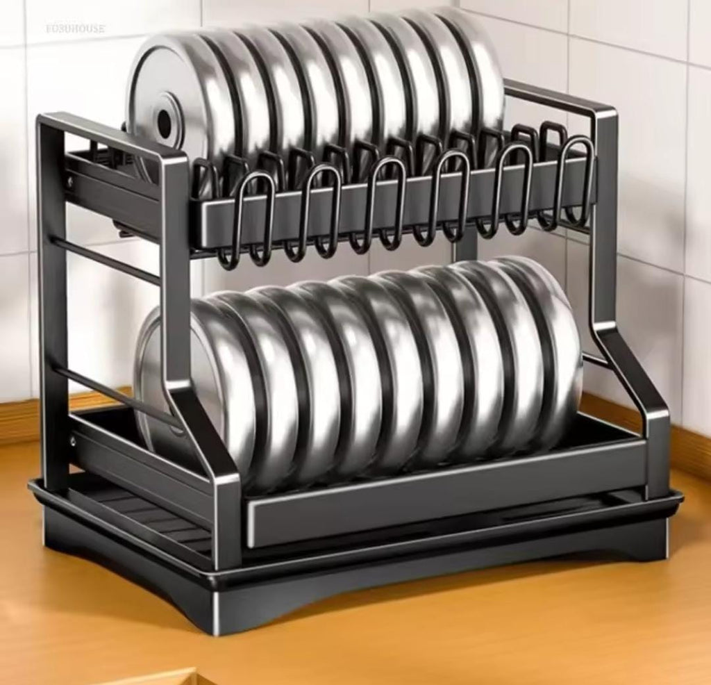 Quality Carbon Steel 2-Tier Dish Rack with Cup Holder & Drip Tray