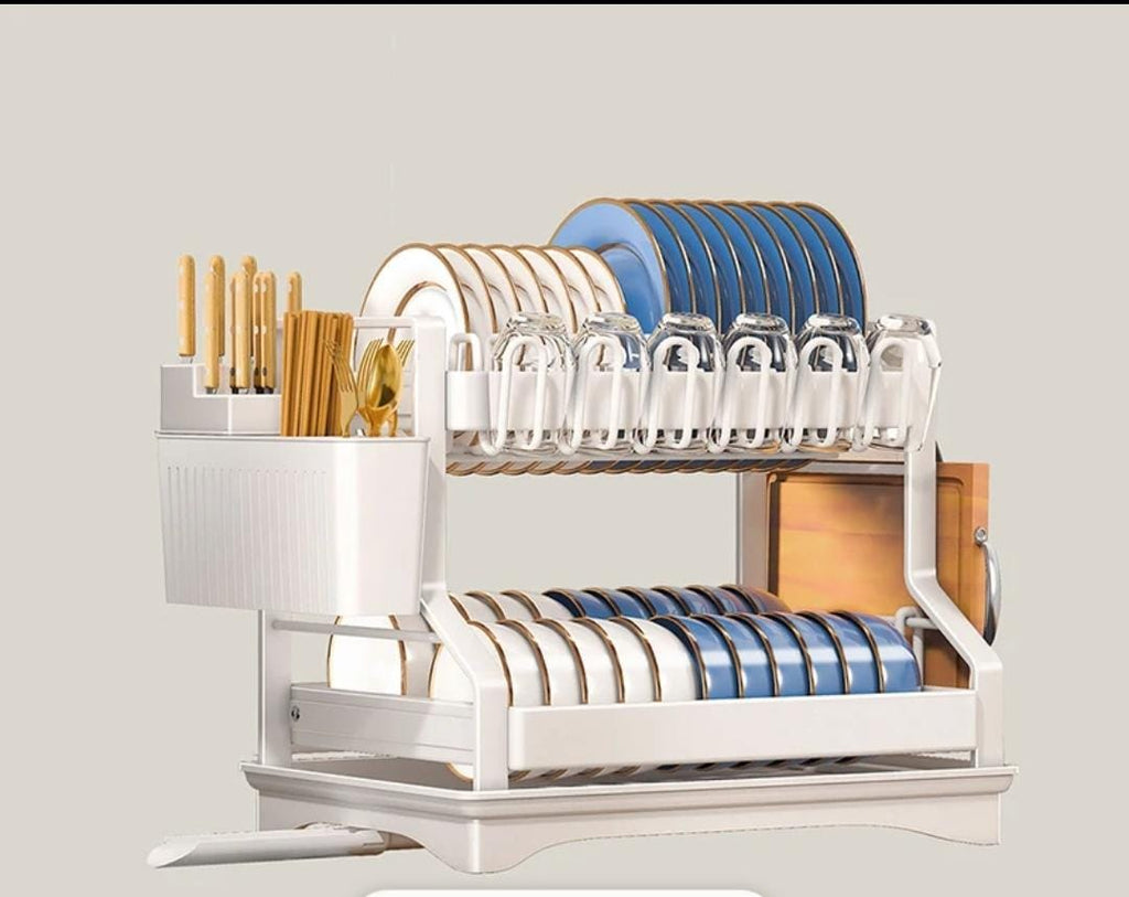 Quality Carbon Steel 2-Tier Dish Rack with Cup Holder & Drip Tray