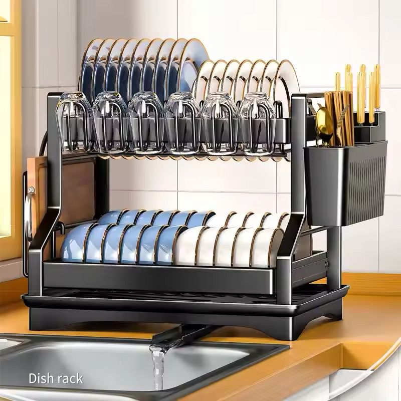 Quality Carbon Steel 2-Tier Dish Rack with Cup Holder & Drip Tray