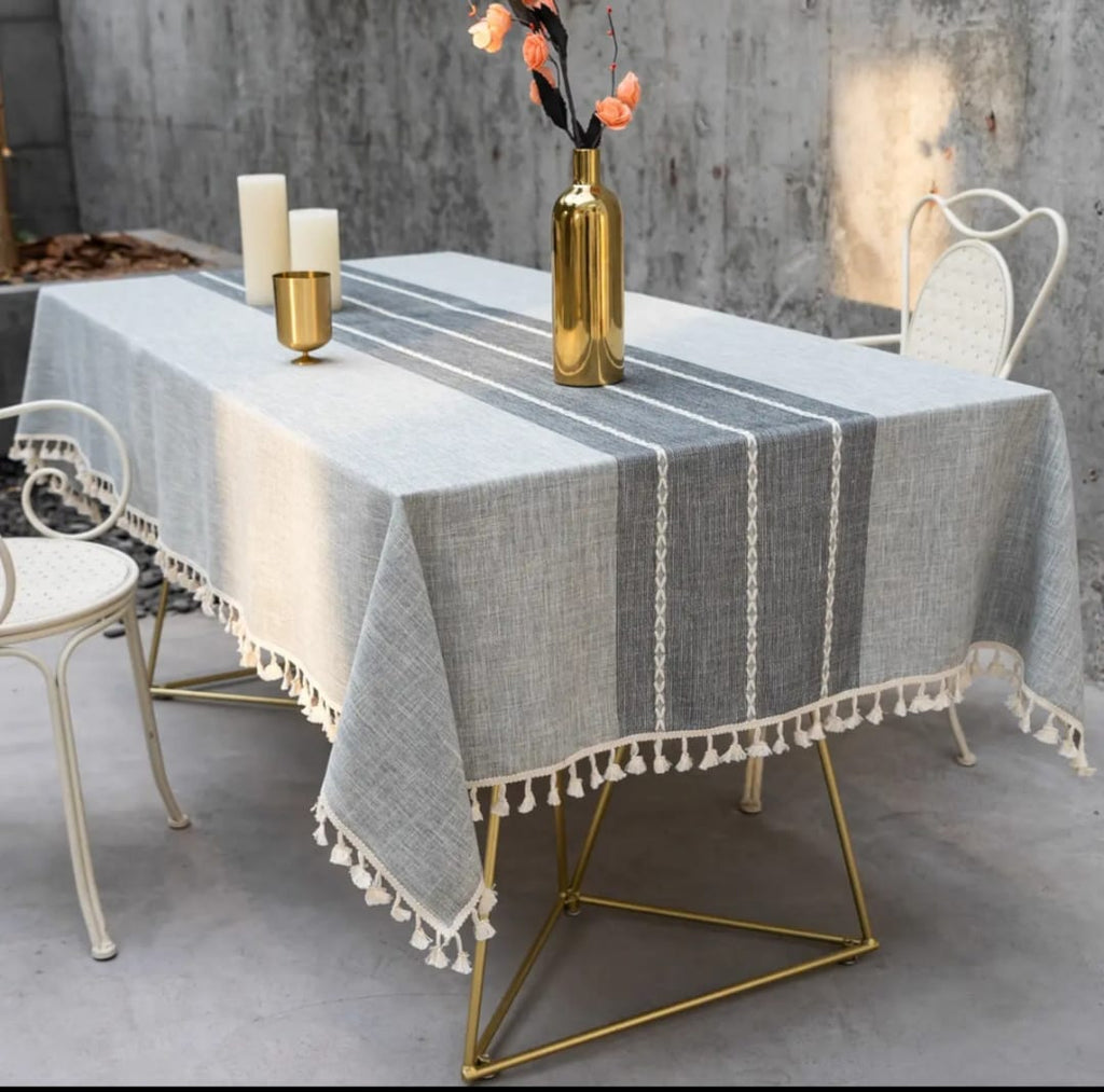 Linen Dining Tablecloth with Tassel Trim 140x220cm