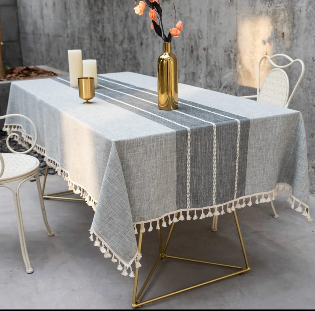 Linen Dining Tablecloth with Tassel Trim 140x220cm