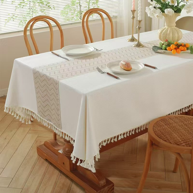 Linen Dining Tablecloth with Tassel Trim 140x220cm