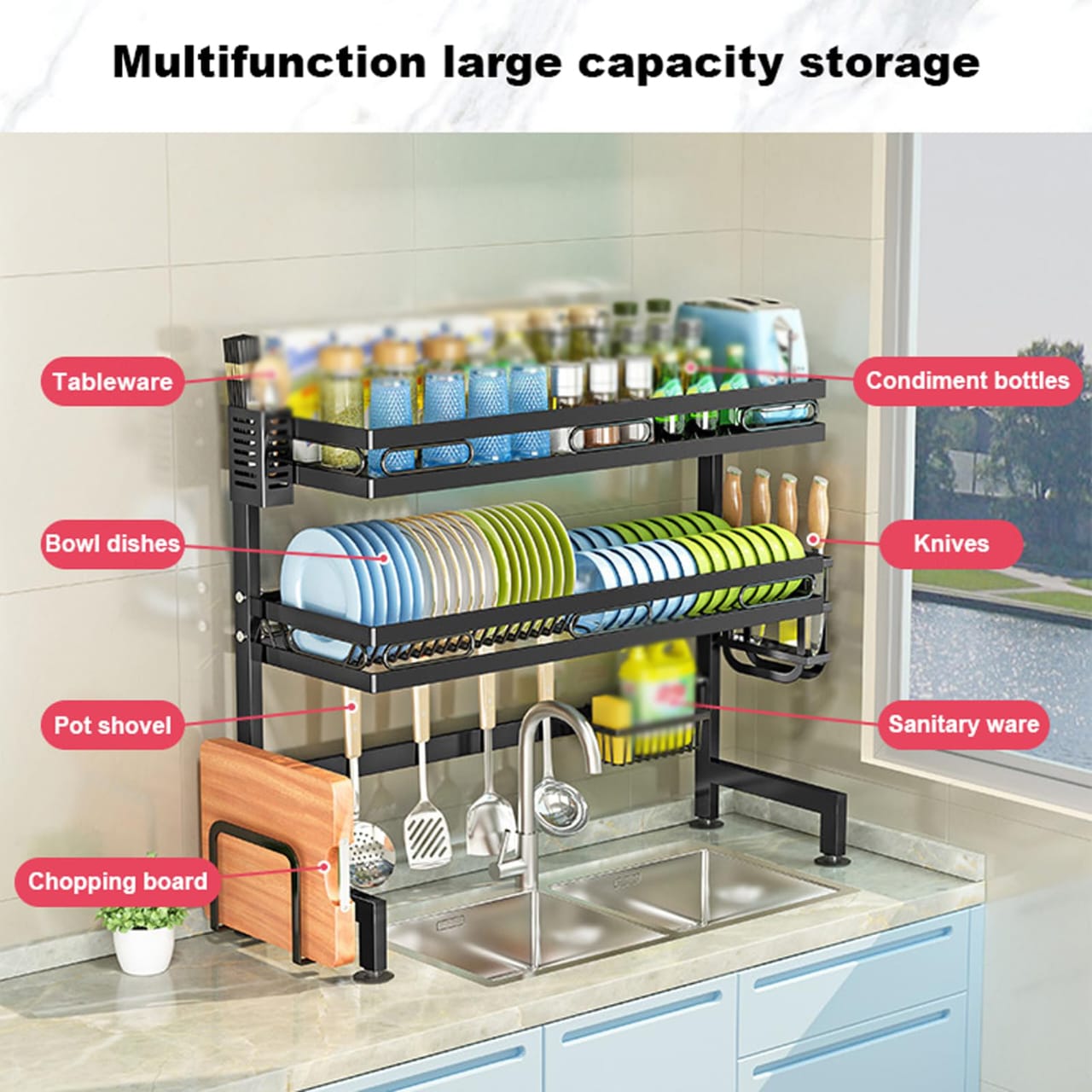 Over-Sink 2-Tier Multifunction Large Dish Rack - 85cm