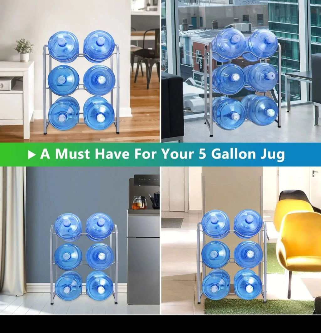 3-Tier Heavy Duty Carbon Steel 5-Gallon Water Bottle Holder Rack | Space Saving | Black