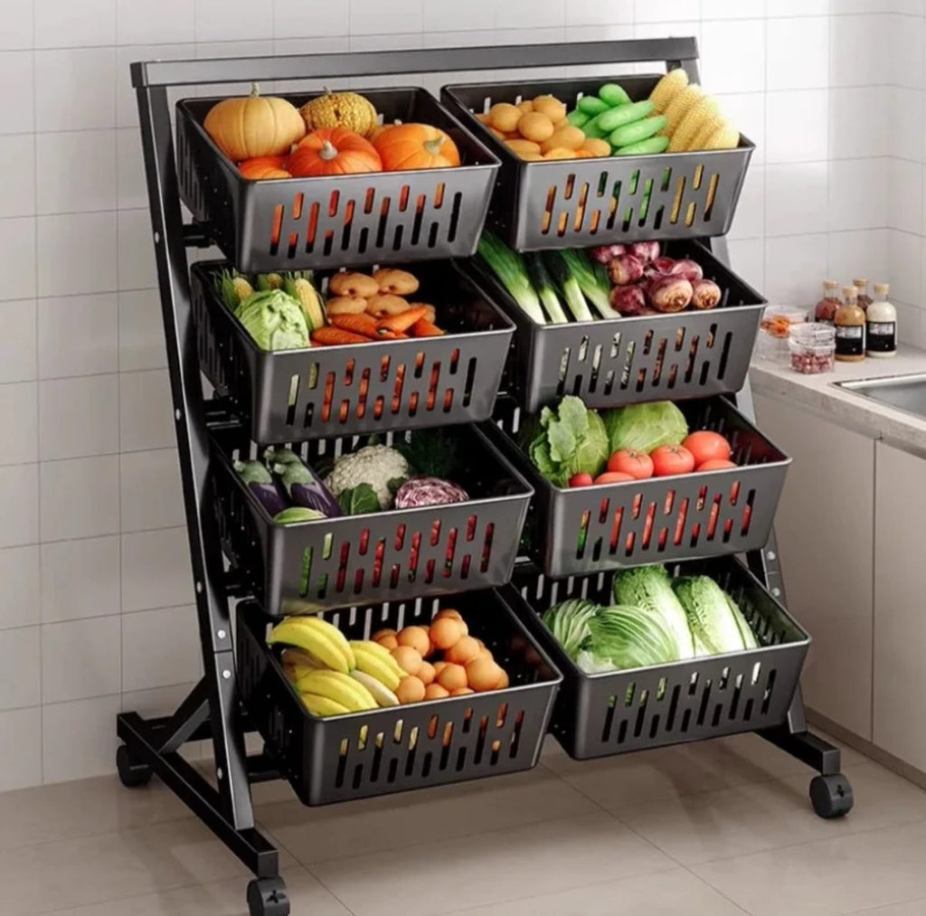 Double Multi-Functional Steel Vegetable & Fruit Storage Rack with Lockable Wheels