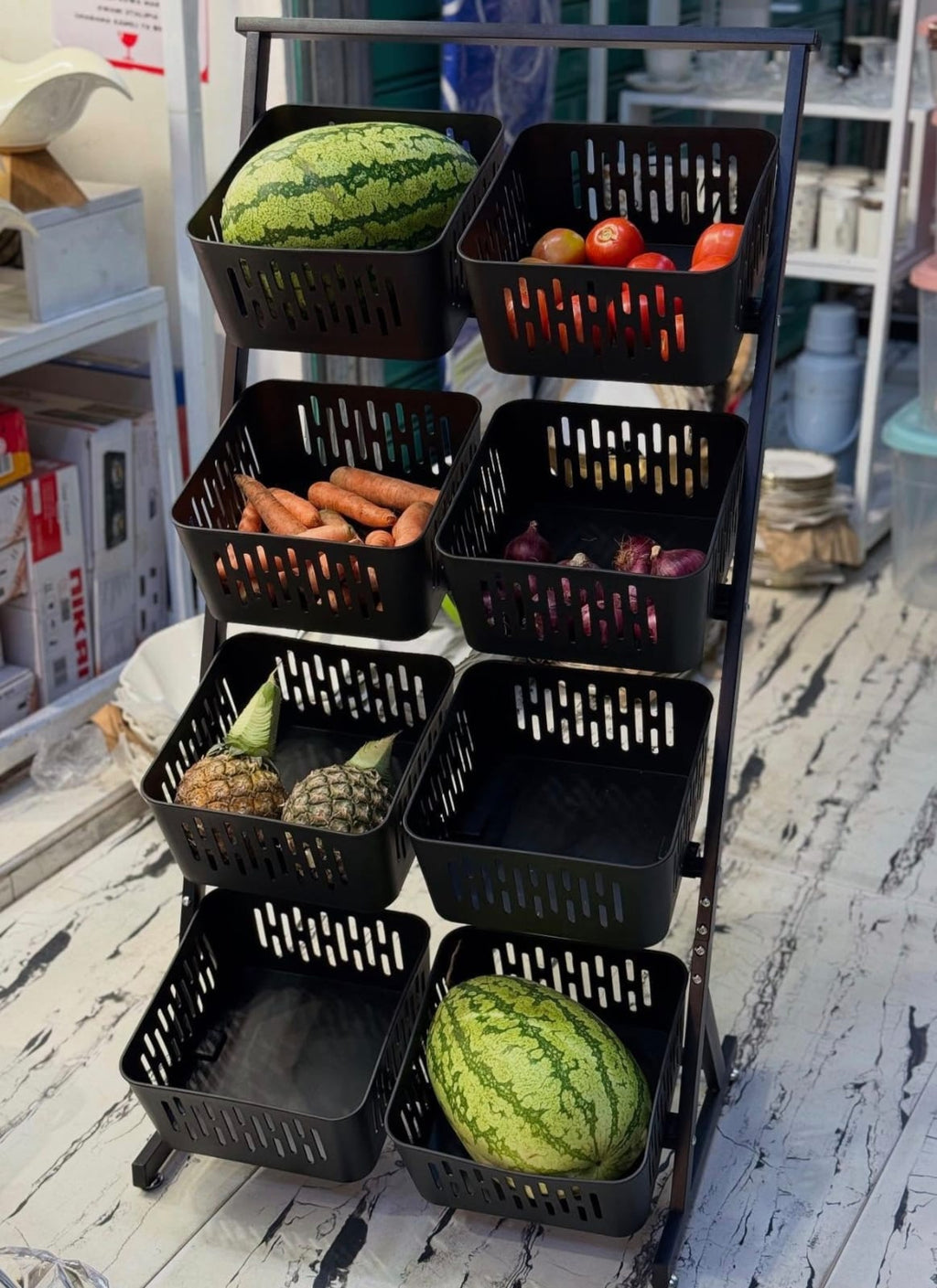 Double Multi-Functional Steel Vegetable & Fruit Storage Rack with Lockable Wheels