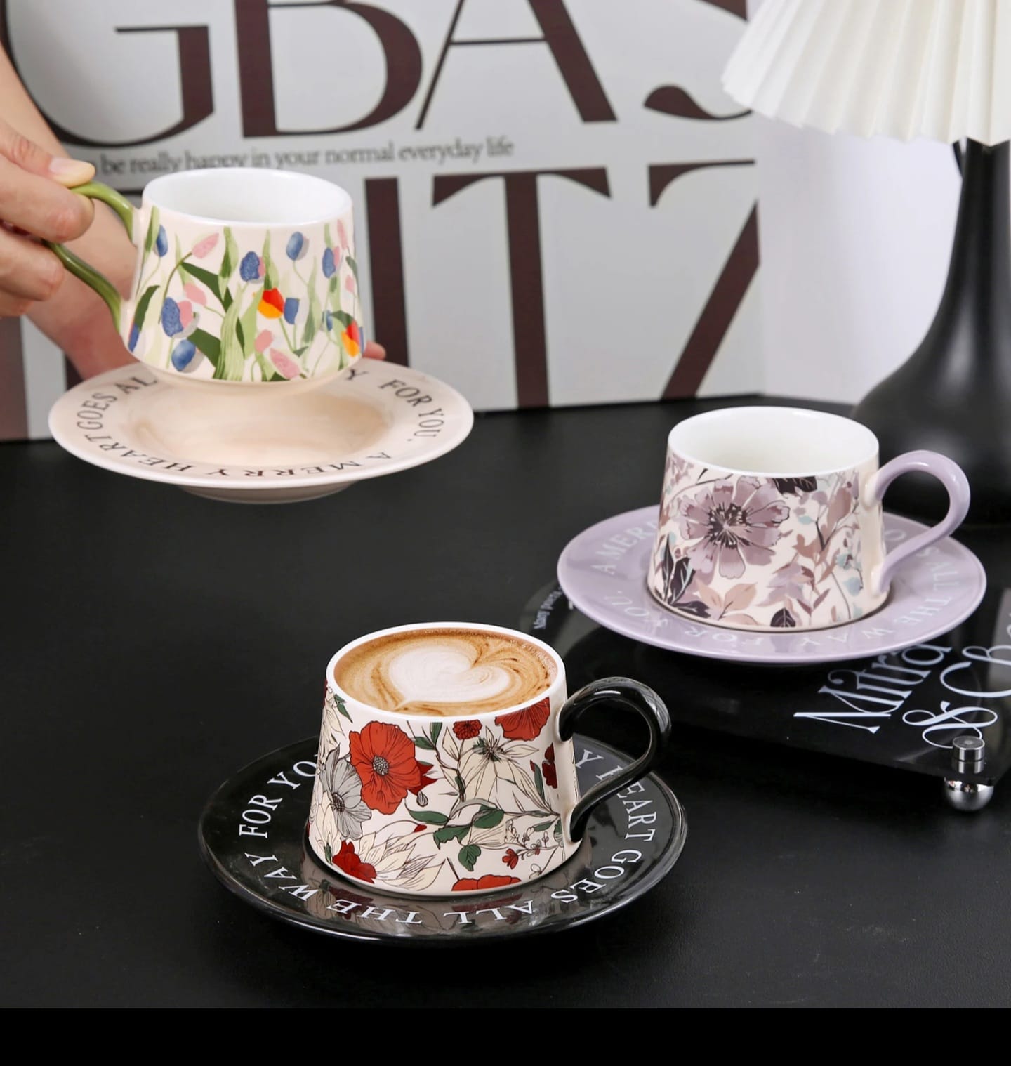 Elegant Retro Hand-Printed Floral Ceramic Coffee Cup & Saucer | Gift Box | 300ml