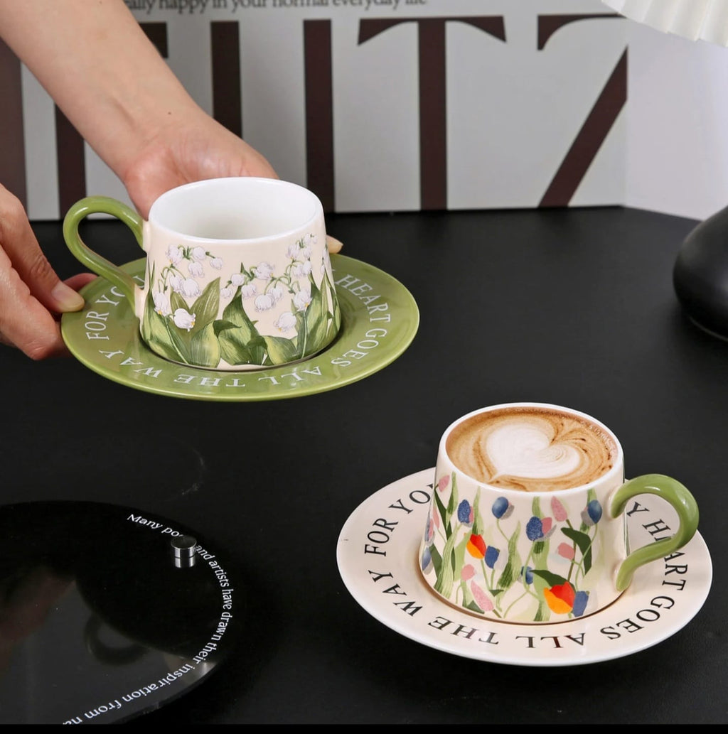 Elegant Retro Hand-Printed Floral Ceramic Coffee Cup & Saucer | Gift Box | 300ml