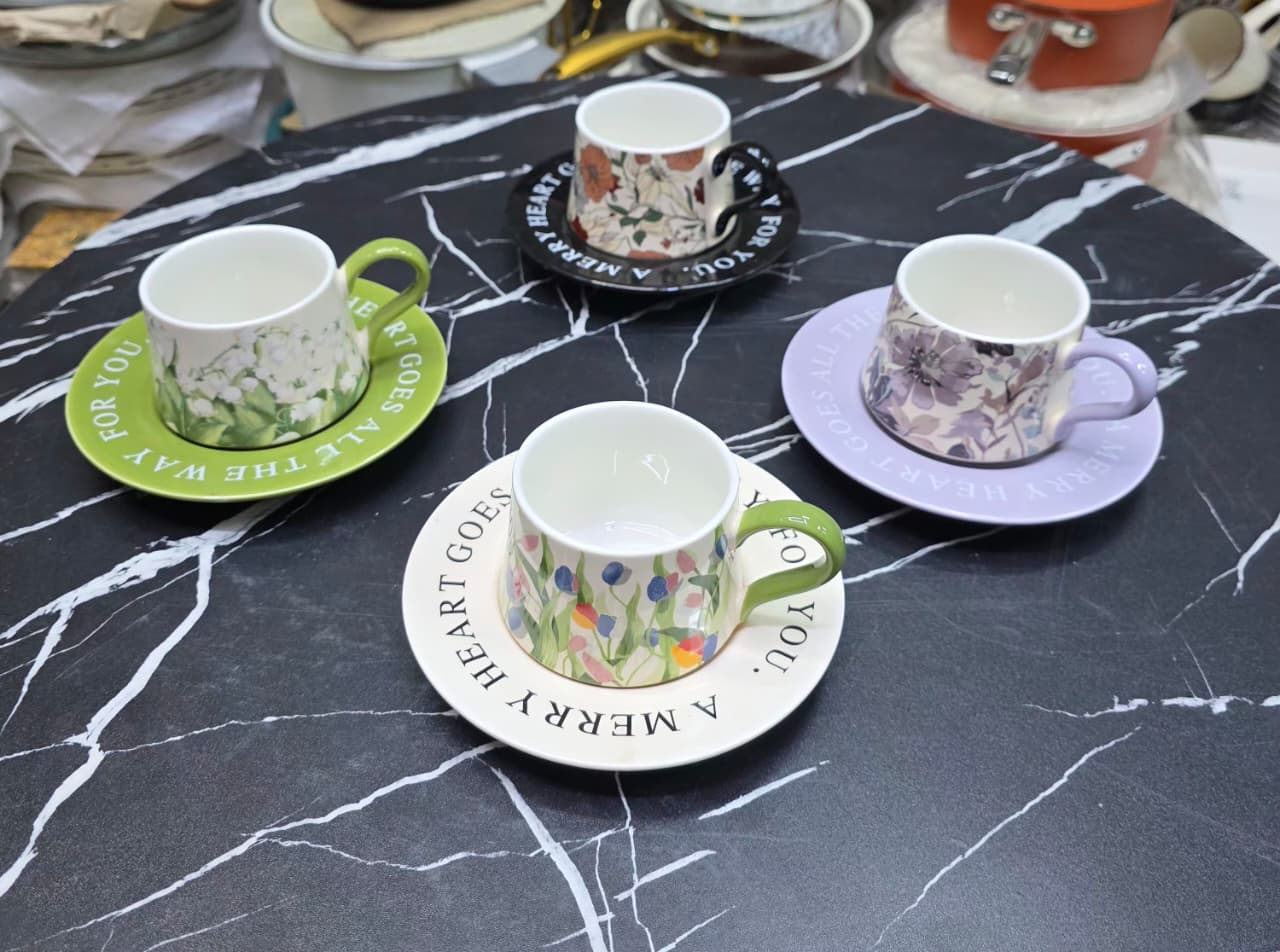 Elegant Retro Hand-Printed Floral Ceramic Coffee Cup & Saucer | Gift Box | 300ml