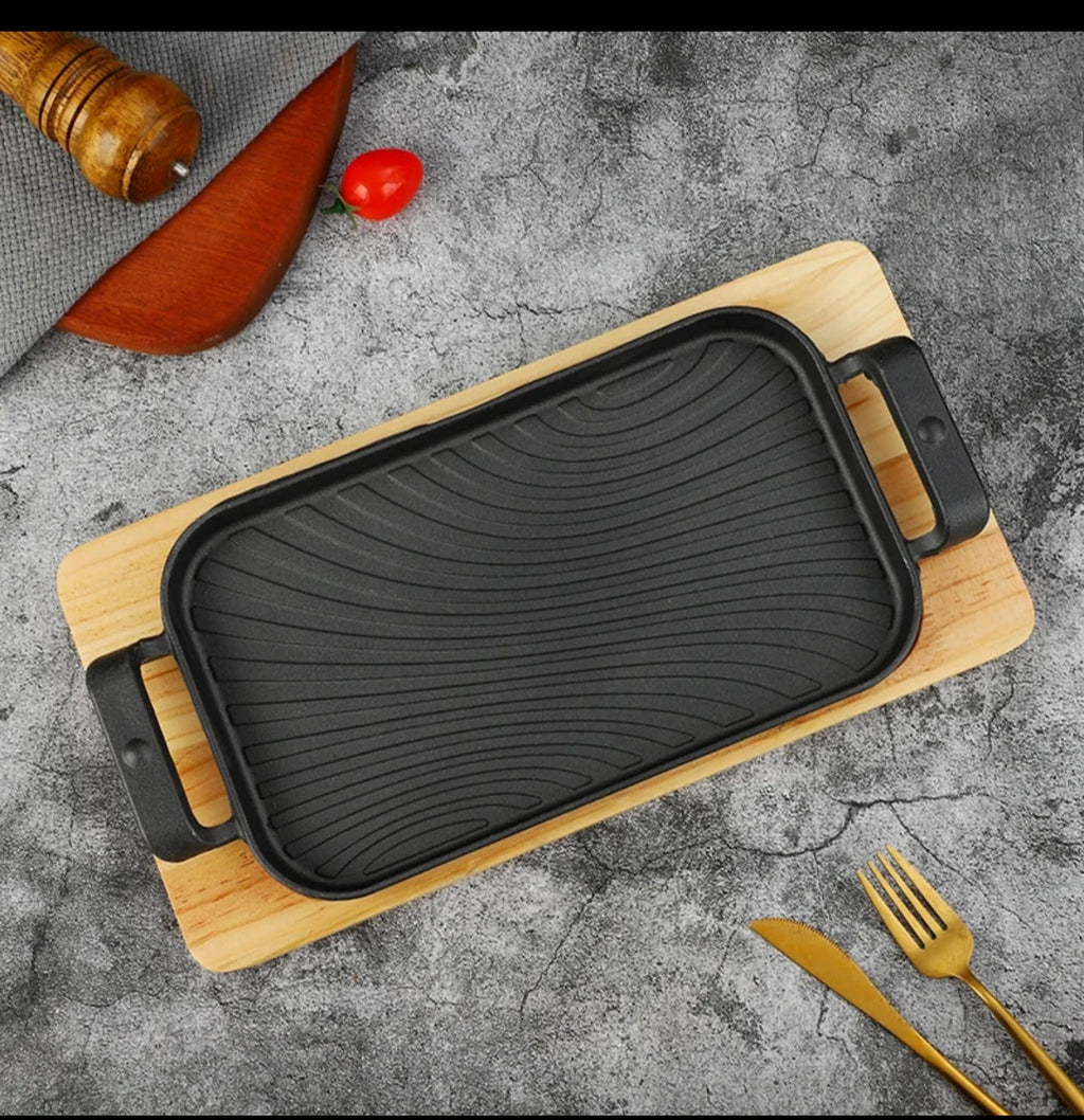 29×17cm Thickened Wave-Ribbed Cast Iron Sizzling Grill Pan with Wooden Base