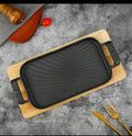 29×17cm Thickened Wave-Ribbed Cast Iron Sizzling Grill Pan with Wooden Base