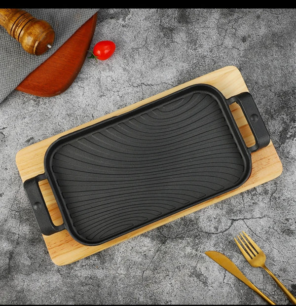 29×17cm Thickened Wave-Ribbed Cast Iron Sizzling Grill Pan with Wooden Base