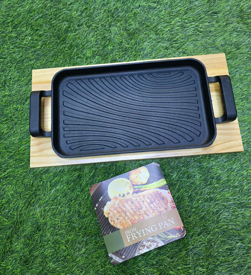 29×17cm Thickened Wave-Ribbed Cast Iron Sizzling Grill Pan with Wooden Base