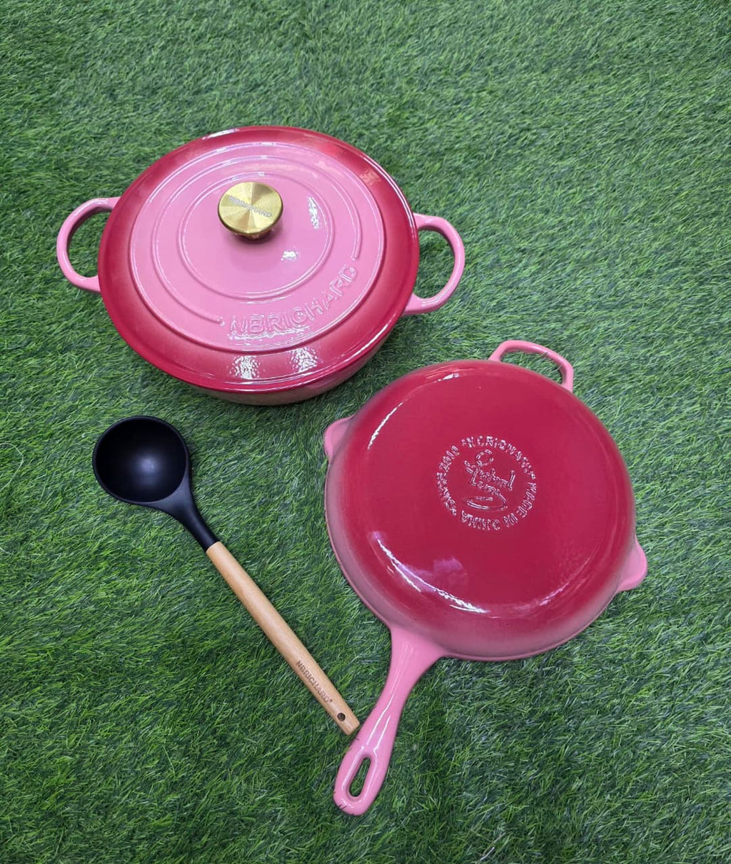 3 Pcs Enamel Cast Iron Cooking Pots Set | 28cm Casserole & Skillet with Gold Knobs