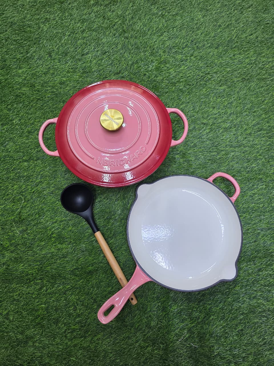 3 Pcs Enamel Cast Iron Cooking Pots Set | 28cm Casserole & Skillet with Gold Knobs