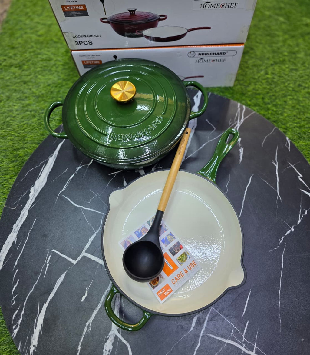 3 Pcs Enamel Cast Iron Cooking Pots Set | 28cm Casserole & Skillet with Gold Knobs