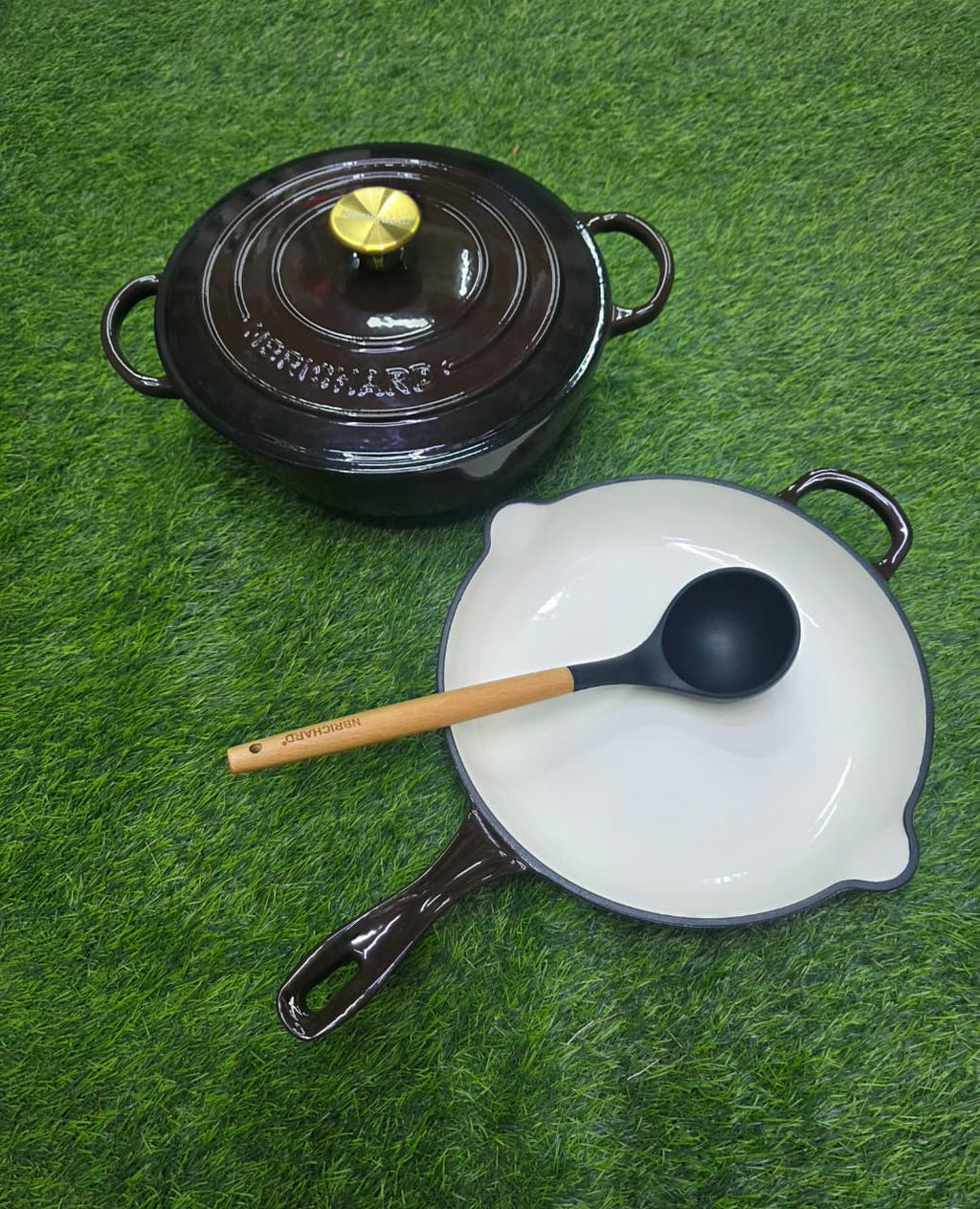3 Pcs Enamel Cast Iron Cooking Pots Set | 28cm Casserole & Skillet with Gold Knobs