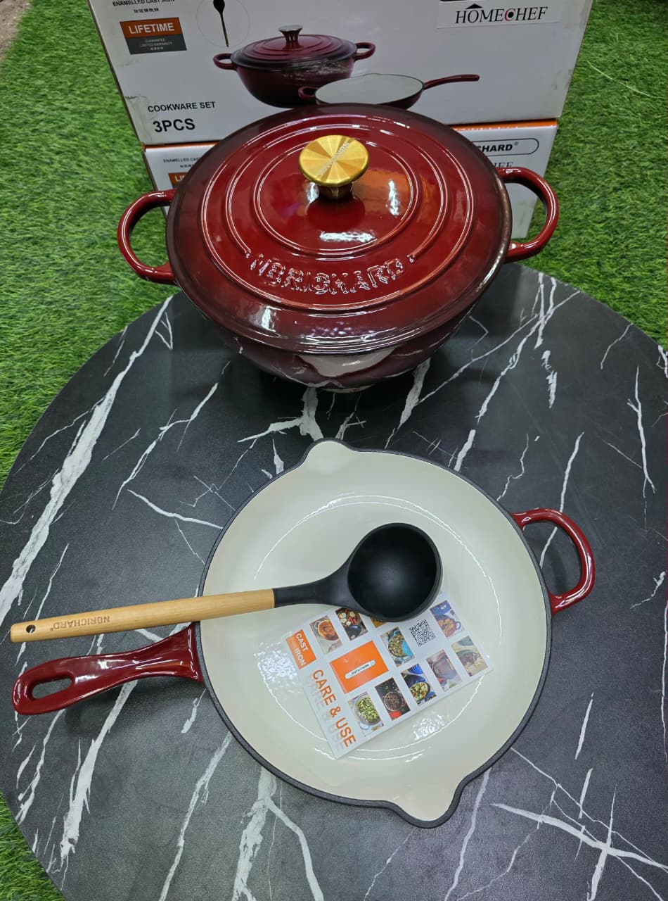 3 Pcs Enamel Cast Iron Cooking Pots Set | 28cm Casserole & Skillet with Gold Knobs