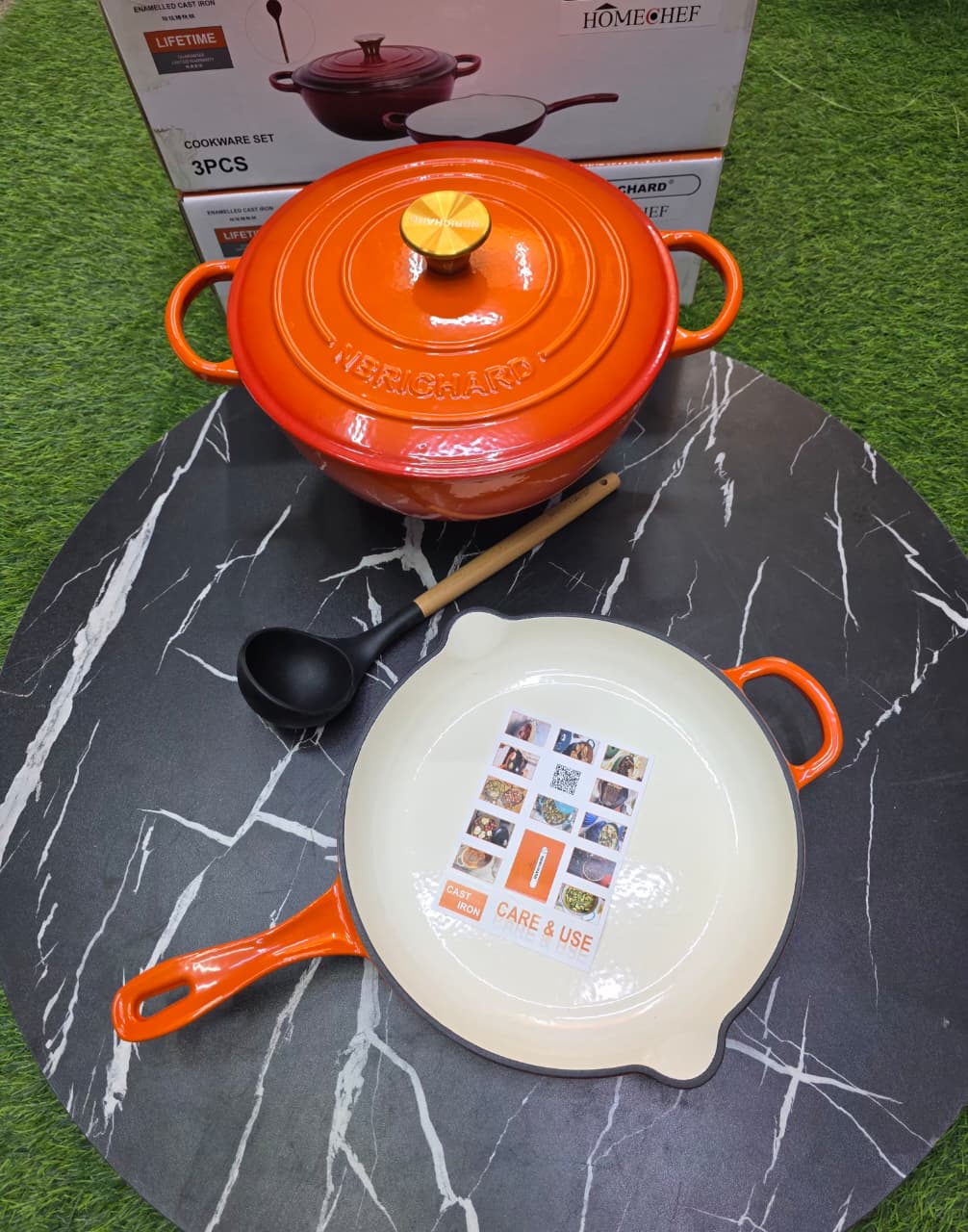 3 Pcs Enamel Cast Iron Cooking Pots Set | 28cm Casserole & Skillet with Gold Knobs