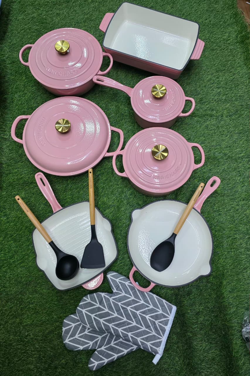 12 Pcs Enamel Cast Iron Cooking Pots Set with Silicone Spoons & Oven Gloves