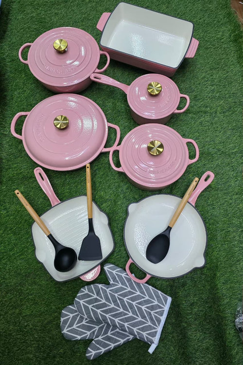 12 Pcs Enamel Cast Iron Cooking Pots Set with Silicone Spoons & Oven Gloves
