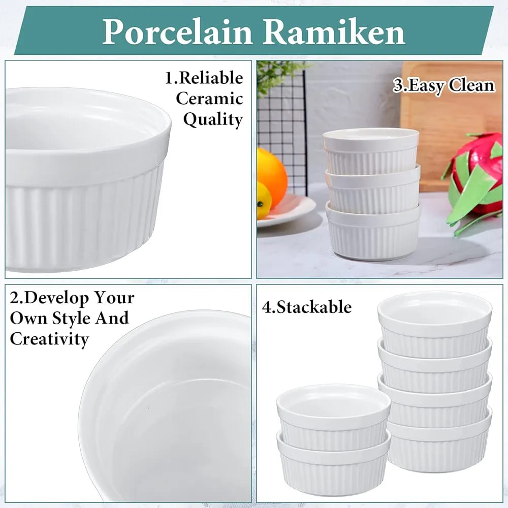 White Ceramic Ramekin Dessert Bowls 3" | Set of 6 | Oven, Microwave & Dishwasher Safe