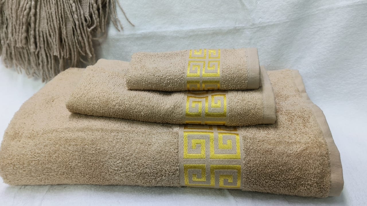 Egyptian Cotton Towel Set – 3 Piece | Gold Lotus Embroidery | Bath + Hand + Face Towel