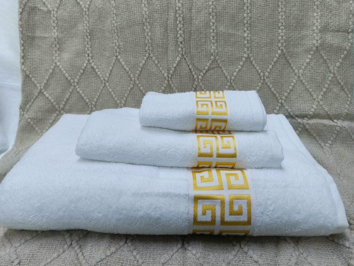 Egyptian Cotton Towel Set – 3 Piece | Gold Lotus Embroidery | Bath + Hand + Face Towel