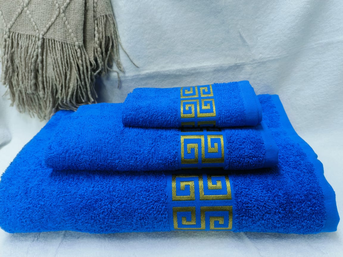 Egyptian Cotton Towel Set – 3 Piece | Gold Lotus Embroidery | Bath + Hand + Face Towel