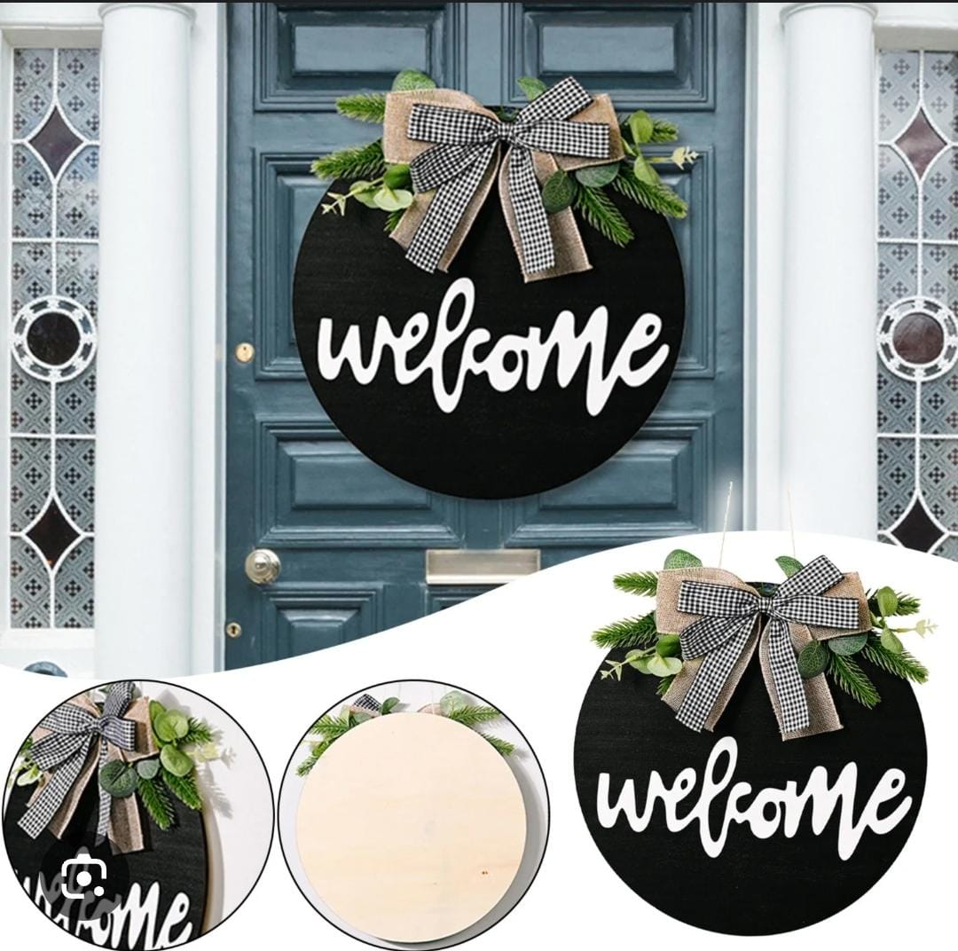 Welcome Decorative Wall Hanging Sign – Round Wooden Door Décor with Bow & Greenery