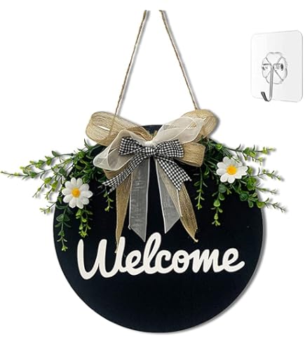 Welcome Decorative Wall Hanging Sign – Round Wooden Door Décor with Bow & Greenery