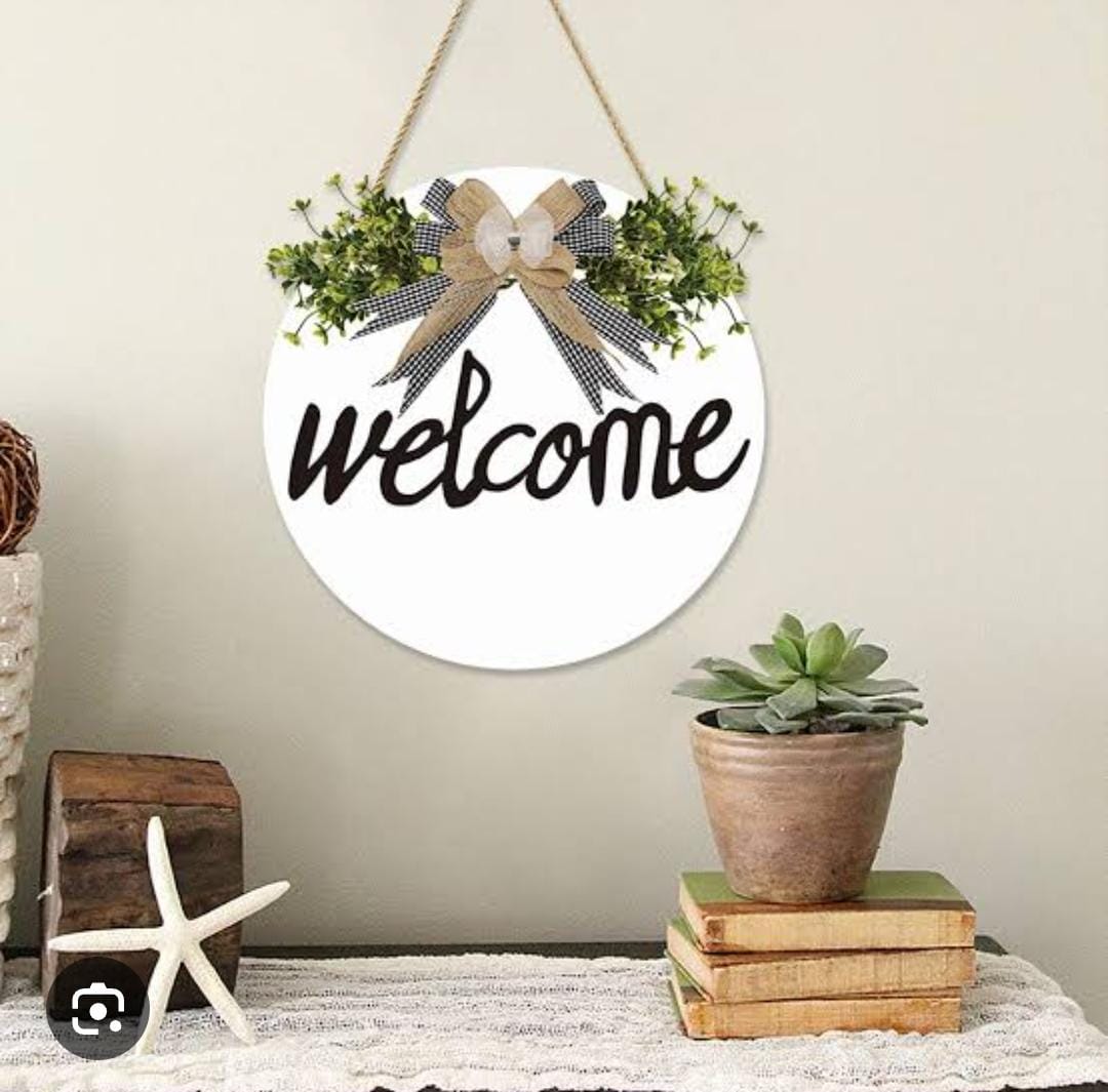 Welcome Decorative Wall Hanging Sign – Round Wooden Door Décor with Bow & Greenery
