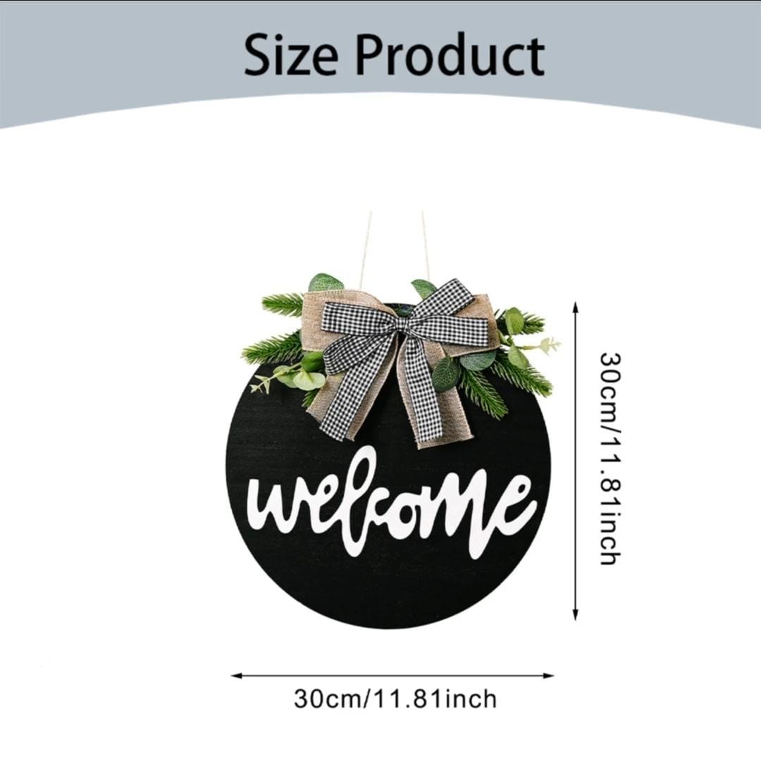 Welcome Decorative Wall Hanging Sign – Round Wooden Door Décor with Bow & Greenery