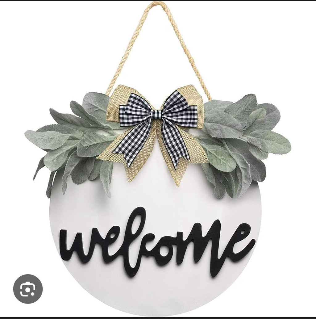 Welcome Decorative Wall Hanging Sign – Round Wooden Door Décor with Bow & Greenery