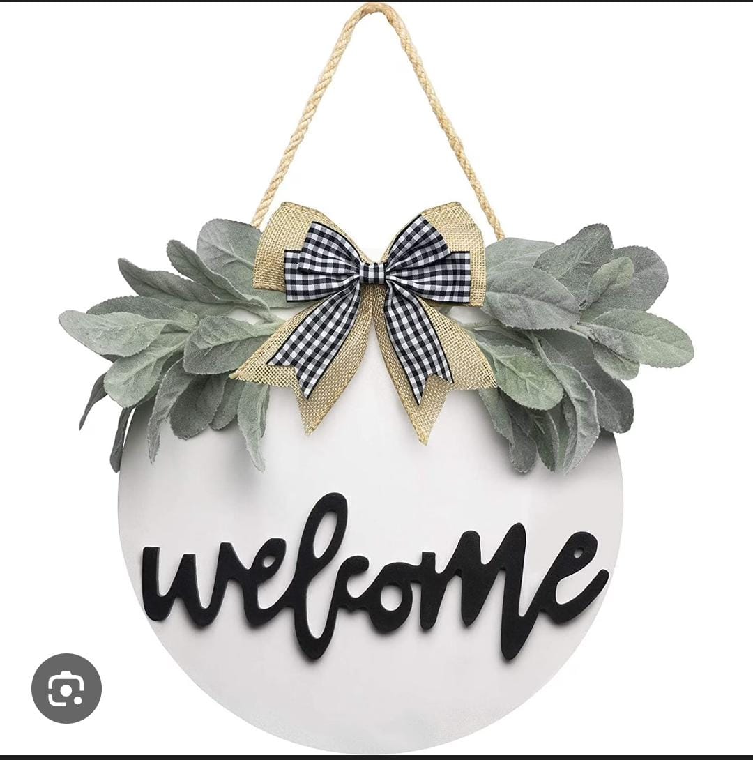 Welcome Decorative Wall Hanging Sign – Round Wooden Door Décor with Bow & Greenery