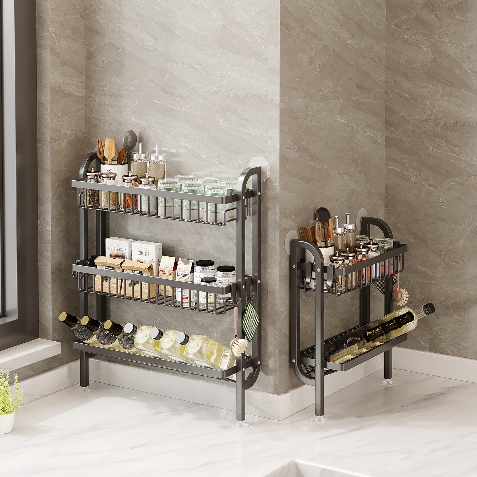 3-Tier Wall-Mounted Kitchen Storage Rack – Spice & Bottle Organiser (Grey)