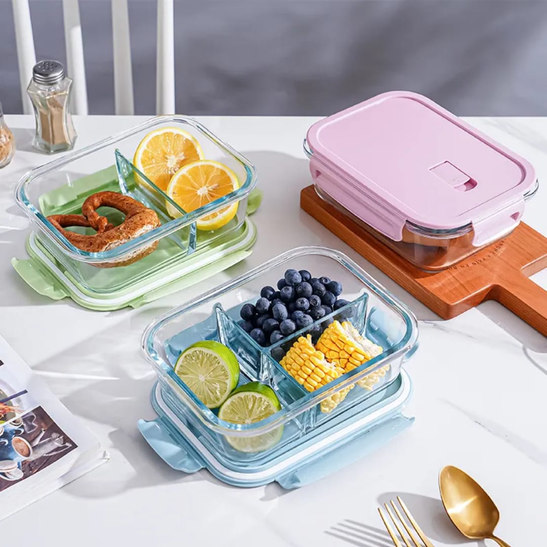 High Borosilicate Glass Partitioned Lunchbox – 1040ml Microwave Safe (2 & 3 Grid)