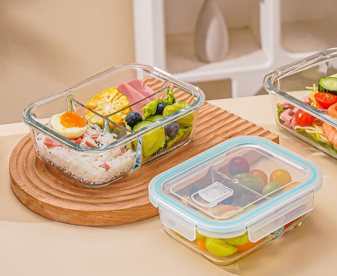High Borosilicate Glass Partitioned Lunchbox – 1040ml Microwave Safe (2 & 3 Grid)