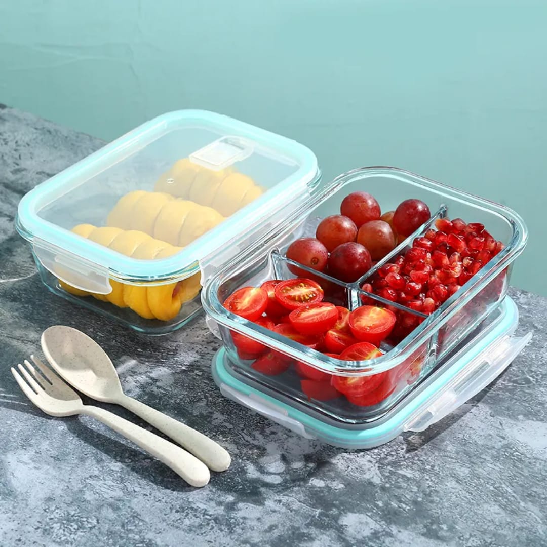 High Borosilicate Glass Partitioned Lunchbox – 1040ml Microwave Safe (2 & 3 Grid)