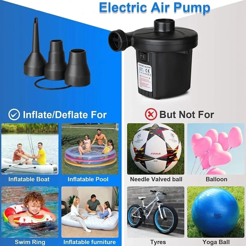 Electric Air Pump with 3 Nozzles | Inflate & Deflate | Airbeds, Pools & Boats