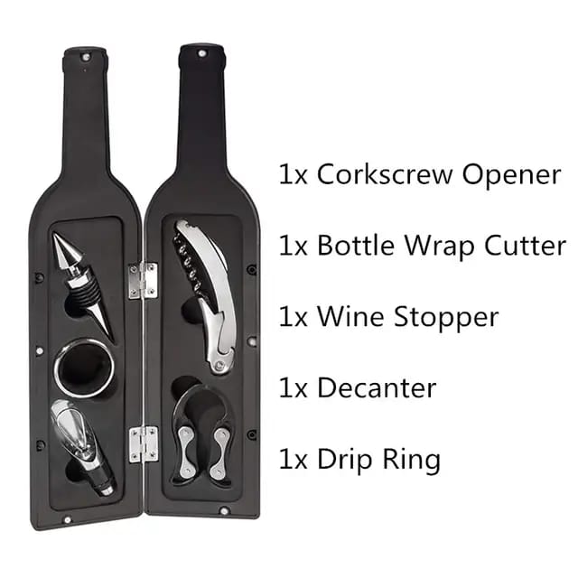 5PCS Bottle-Shaped Wine Accessories Gift Set | Corkscrew, Stopper, Pourer, Foil Cutter & Drip Ring