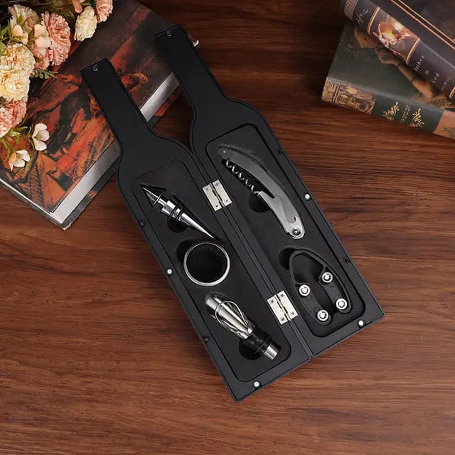 5PCS Bottle-Shaped Wine Accessories Gift Set | Corkscrew, Stopper, Pourer, Foil Cutter & Drip Ring