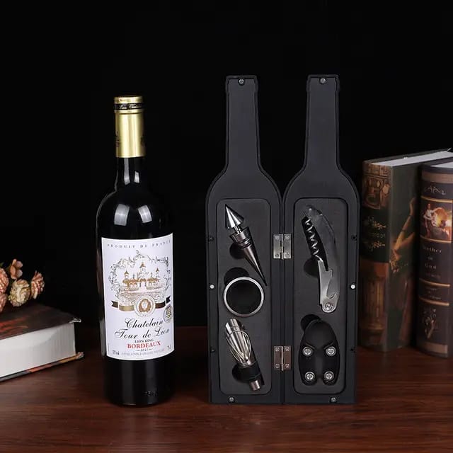 5PCS Bottle-Shaped Wine Accessories Gift Set | Corkscrew, Stopper, Pourer, Foil Cutter & Drip Ring