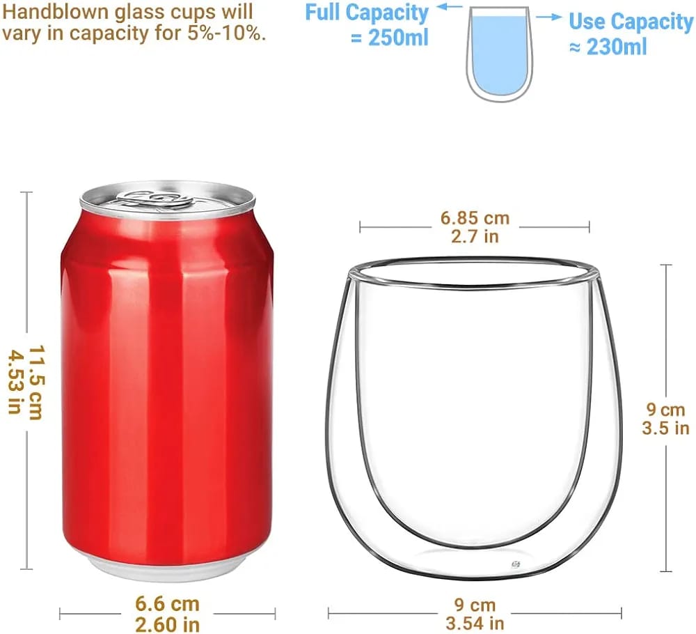 Double Walled Borosilicate Glass 250ml | Heat Insulated | Coffee, Tea & Cold Drinks