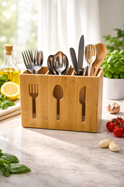 3-Slot Bamboo Cutlery Organizer Box