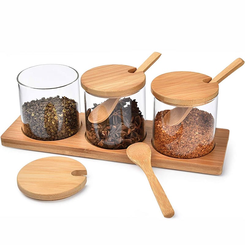 3-in-1 Glass Spice & Sugar Jar Set with Bamboo Stand, Lids & Spoons