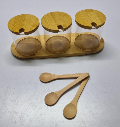 3-in-1 Glass Spice & Sugar Jar Set with Bamboo Stand, Lids & Spoons