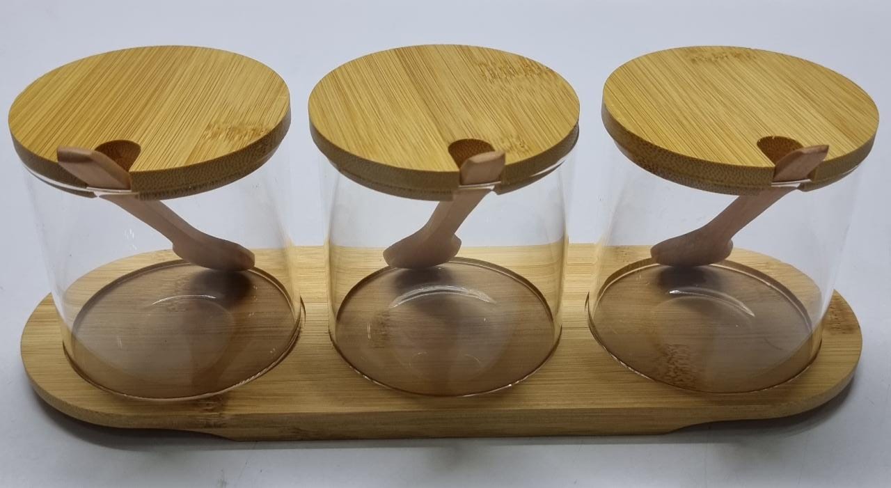 3-in-1 Glass Spice & Sugar Jar Set with Bamboo Stand, Lids & Spoons