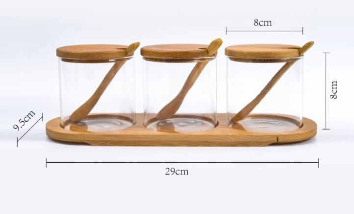 3-in-1 Glass Spice & Sugar Jar Set with Bamboo Stand, Lids & Spoons
