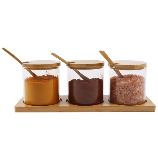 3-in-1 Glass Spice & Sugar Jar Set with Bamboo Stand, Lids & Spoons